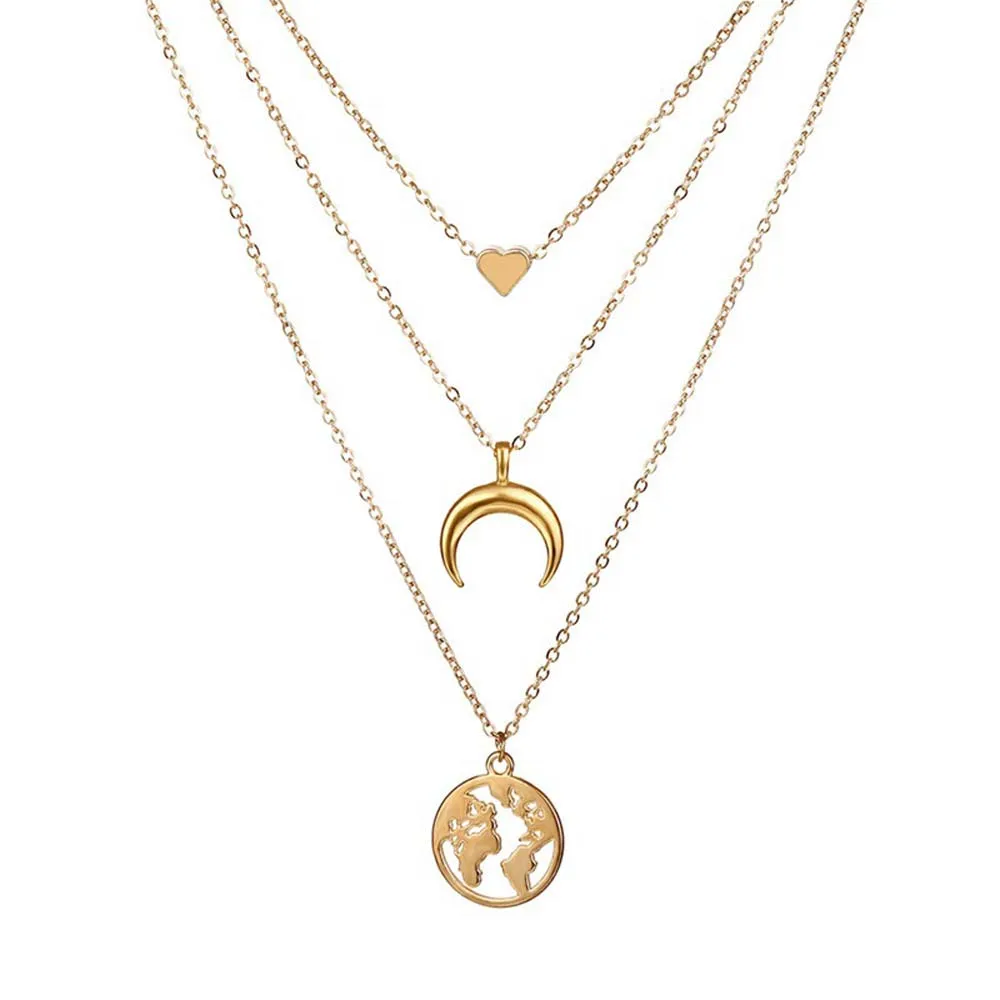 Heart Necklaces for Women Fashion Gold Chain Long Moon Map Statement Necklace Multilayer Pendant Bohemia Choker Jewelry | Украшения и
