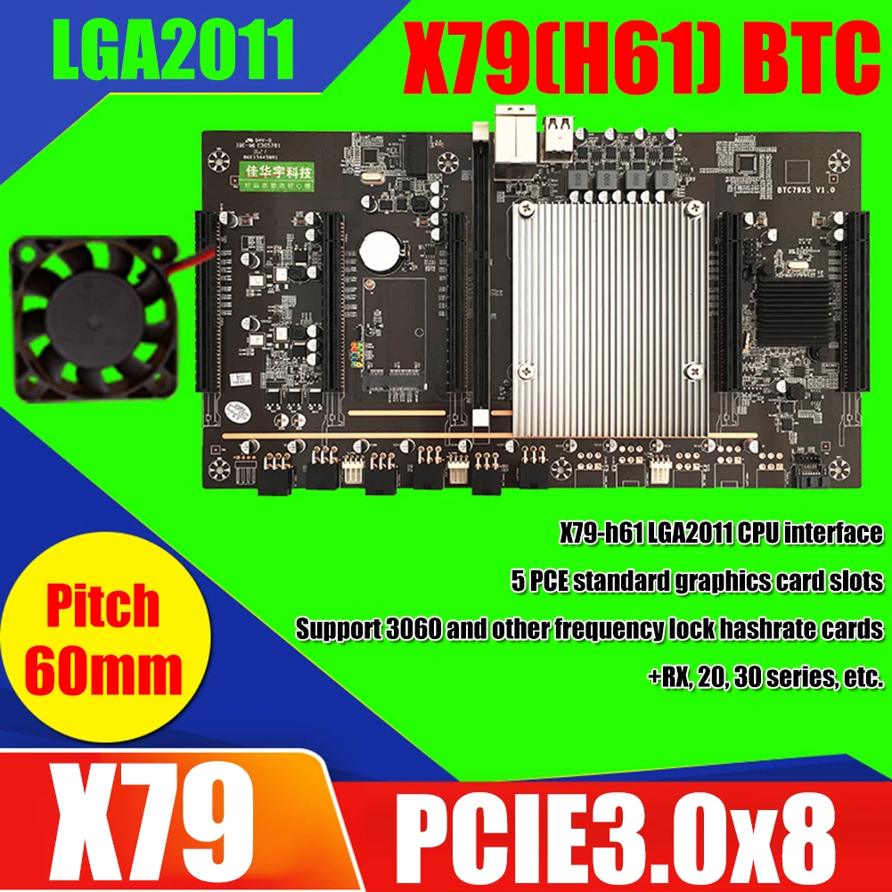 

Набор материнской платы для майнинга X79 BTC 60 мм с 12 В охлаждающим вентилятором 5x PCI Express 3,0 8X DDR3 LGA 2011 Pin, плата для майнинга с поддержкой 3060