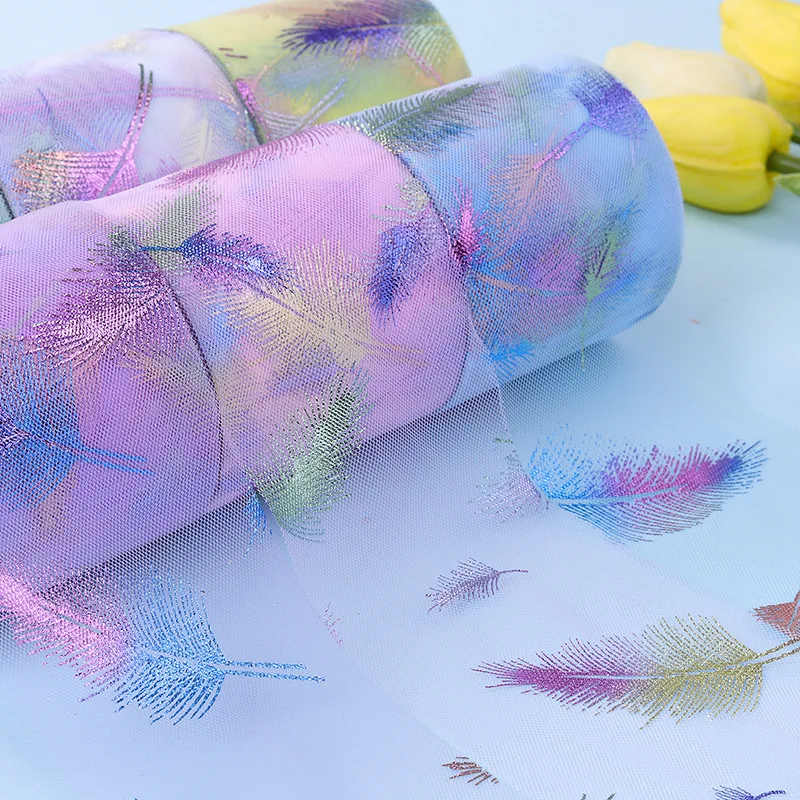 5 ярдов бронзовые блестящие перья печатная органза сатин лента для DIY ремесло