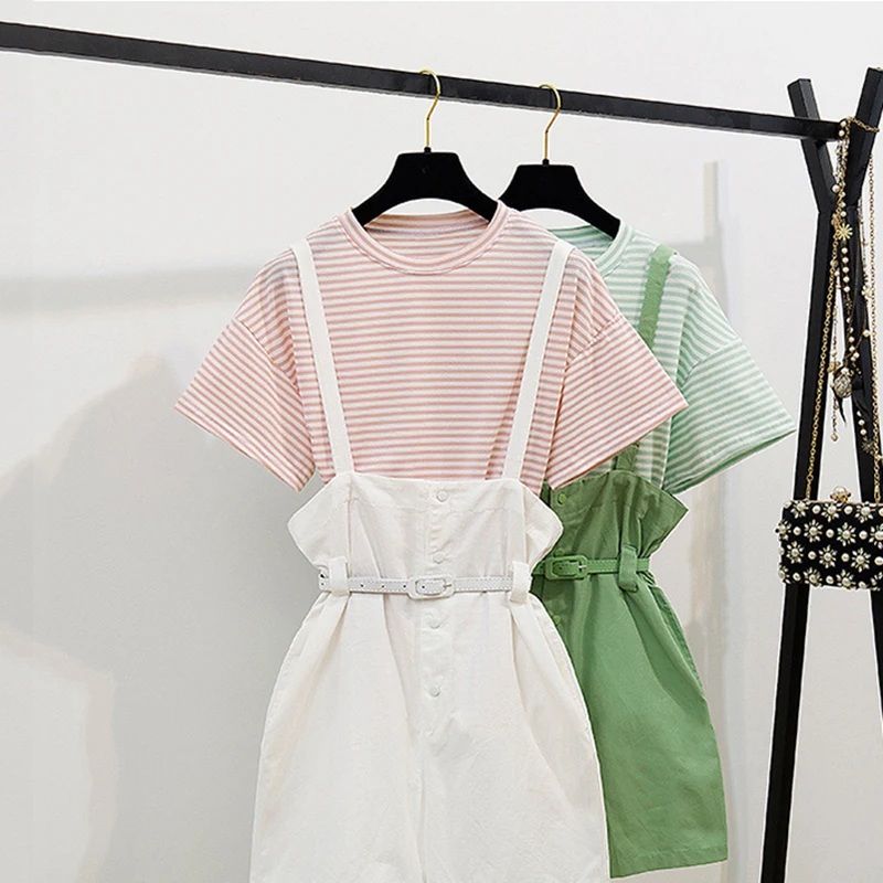

Striped T-shirt overalls set 2021 summer women new fashion Korean version large size casual comfortable shorts two-piece sets 47