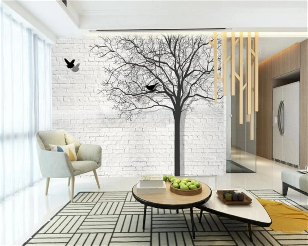 Фотообои Beibehang на заказ кирпичная стена черно белое дерево чем крыло птица