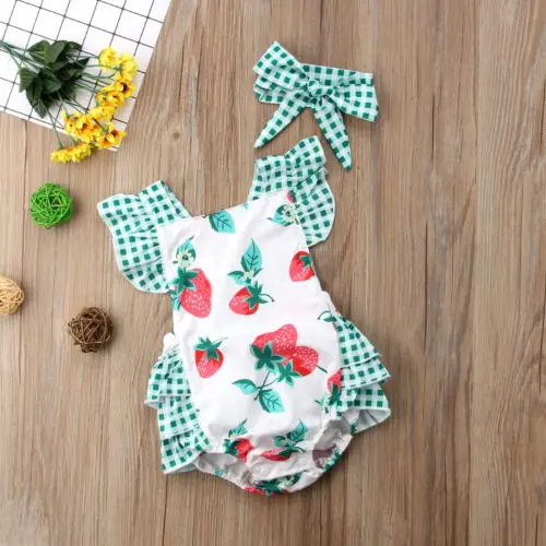 Комбинезон для новорожденных девочек с принтом клубники боди повязка на голову