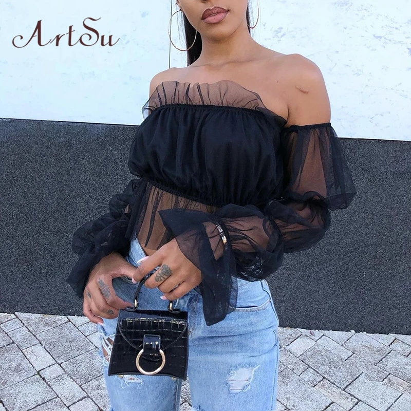 Женская блузка с рукавами-фонариками и открытыми плечами Artsu черный укороченный