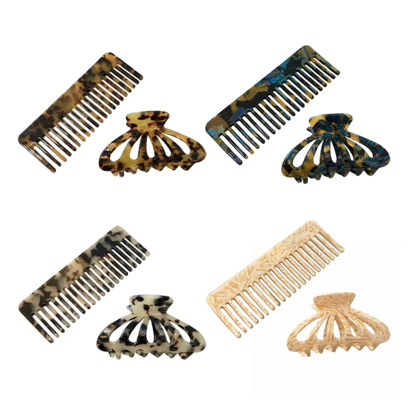 

2pcs Hair Claw Clip with Head Comb Set Leopard Acetate Hollow Geometric Barrette Cellulose Acetate Barrettes