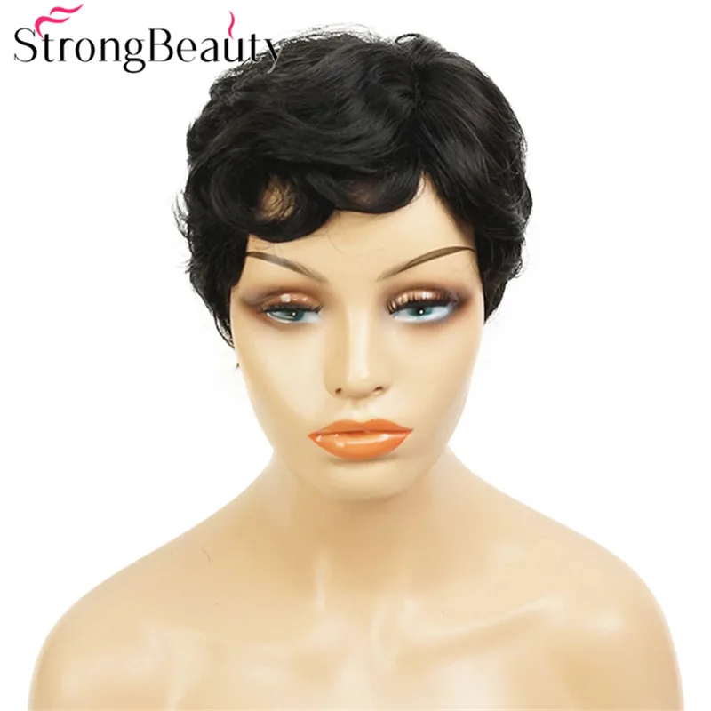 StrongBeauty короткий кудрявый женский парик натуральный черный Пикси СТРИЖКА Полный