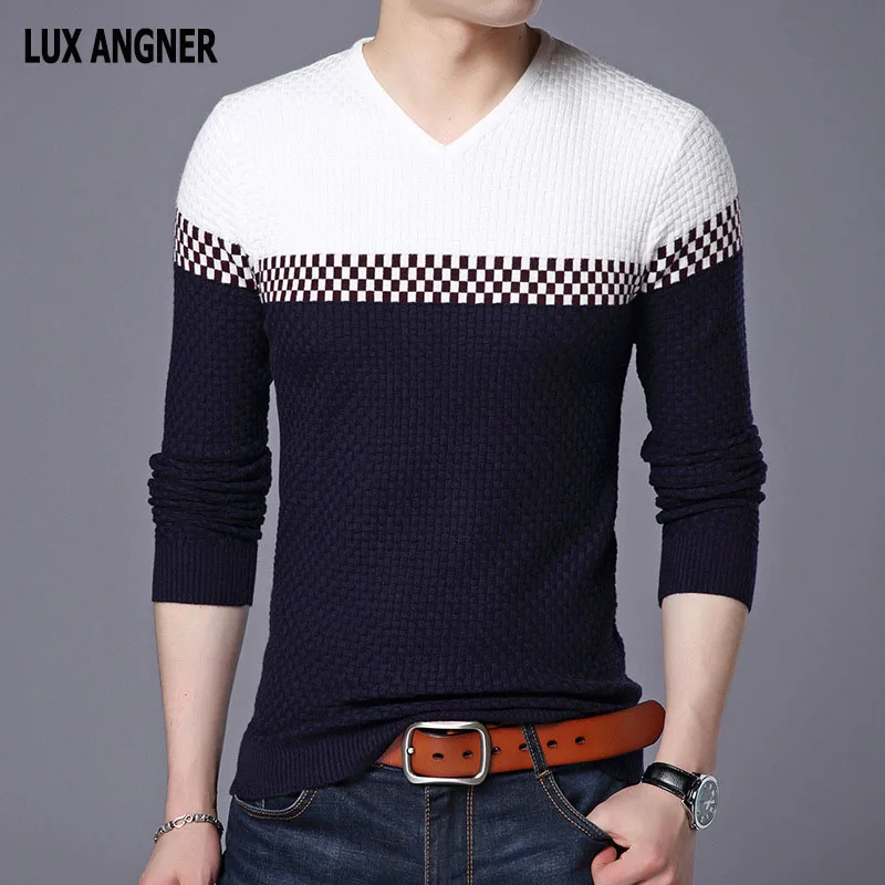 

LUX ANGNER New Casual Sweaters Men V-neck Long Sleeve Patchwork Pullover Sweater For Men Slim Fit Sweater Male Brand Clothing