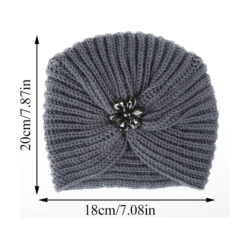 

2019 Autumn Winter Flower Rhinestone Knitted Cap Fashion Soft Turban Hat Solid Color Women Muslim Hat Casual Warm Beanies Hat