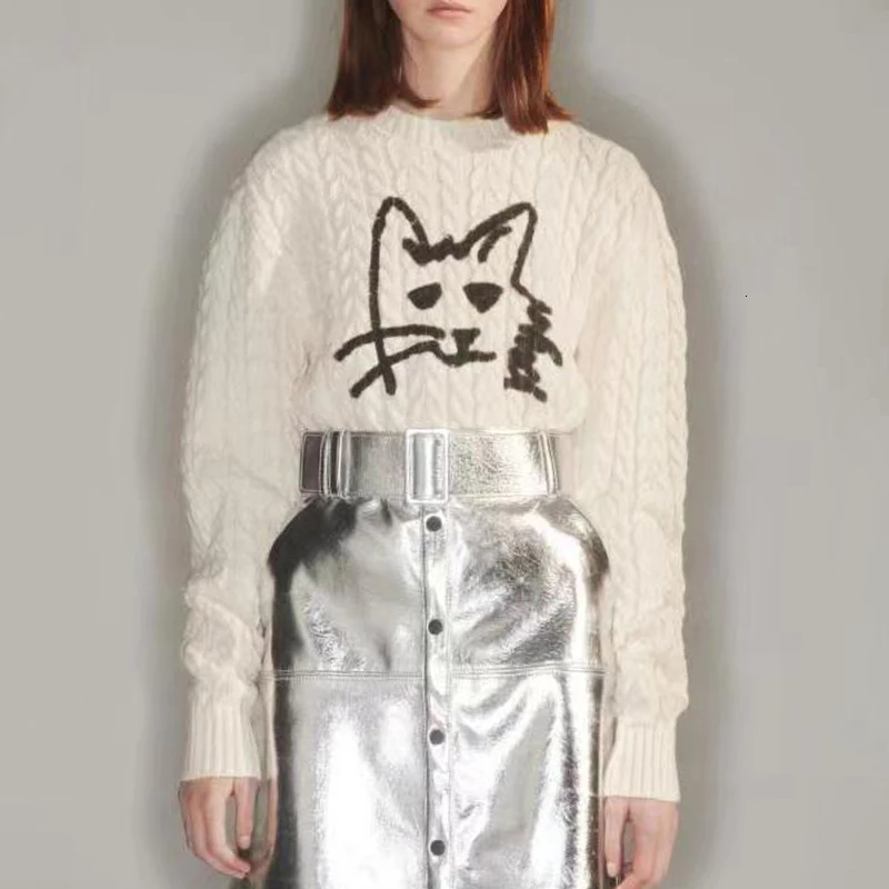 beige TWOTWINSTLE вязаный осенний свитер с принтом кота для женщин, круглый вырез, длинный рукав, хит цветов, свободные пуловеры для женщин, мода - Цвет: beige