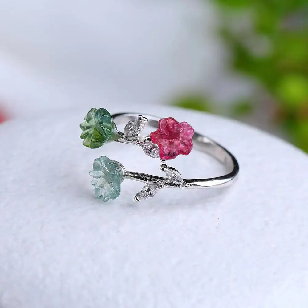 

Wholesale Natural Tourmaline Rose Ring 925 Sterling Silver Rings For Women Adjustable Flower Ring Aesthetic Jewelry 925 Gifts