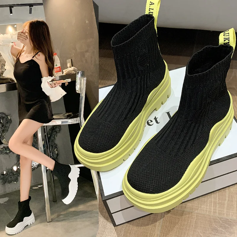 Women's Socks Shoes Autumn 2021 New Elastic High-top Mid-tube Short Boots Thick-soled Fashion Sports Martin Boots