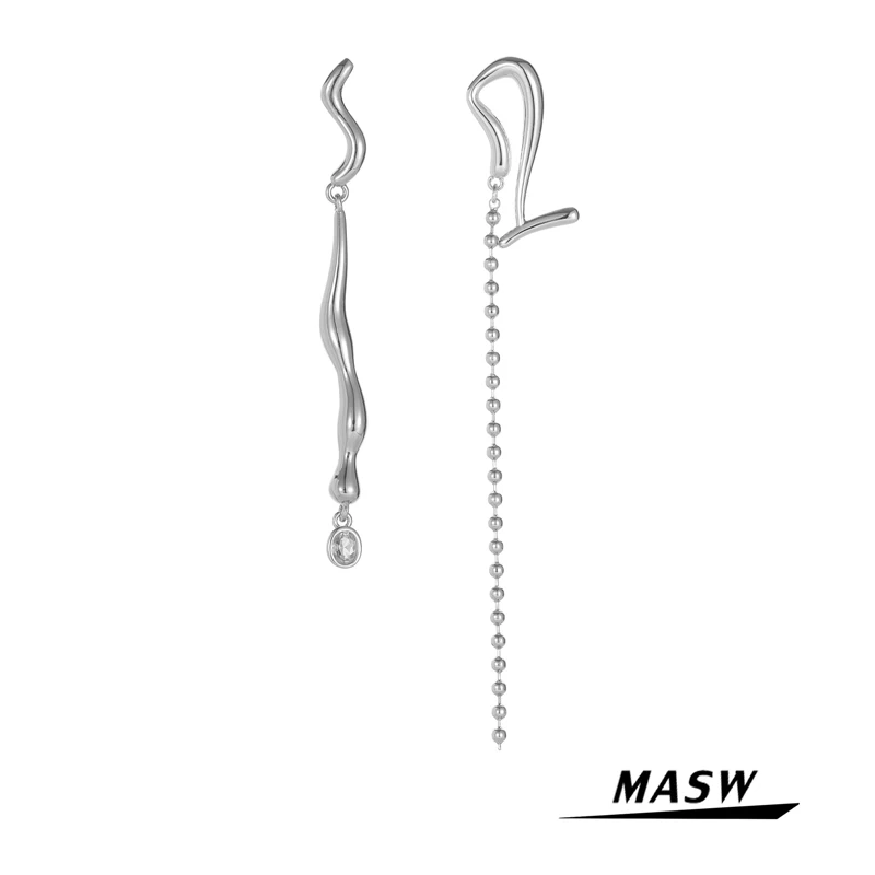 

MASW Original Jewelry Brass Metal Drop Earrings Silver Plated Asymmetrical Geometric Long Dangle Earrings Women Girl Gifts