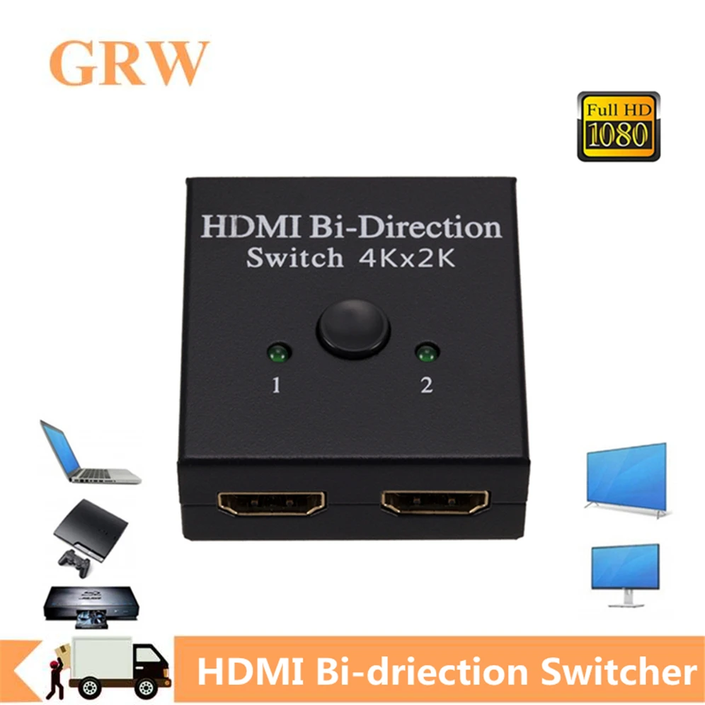 

GRWIBEOU 4K HDMI Switch 2 Ports Bi-directional 1x2 / 2x1 HDMI Switcher Splitter Supports Ultra HD 4K 1080P HDR HDCP for PS4 PC