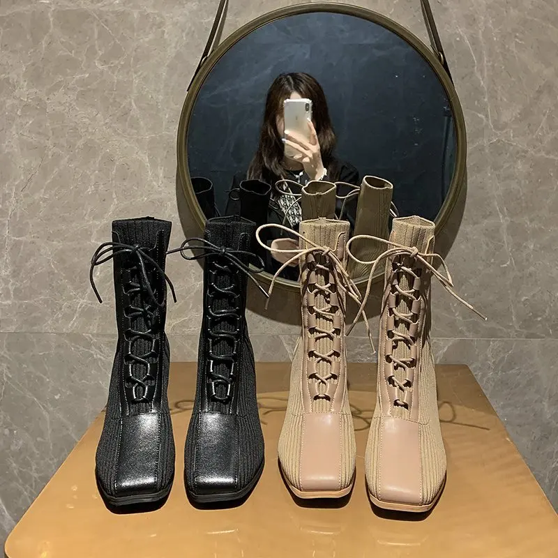 2022 Fashion New Stitching Socks Boots Women Spring and Autumn Comfortable High Heel Short Boots Square Toe Boots Women