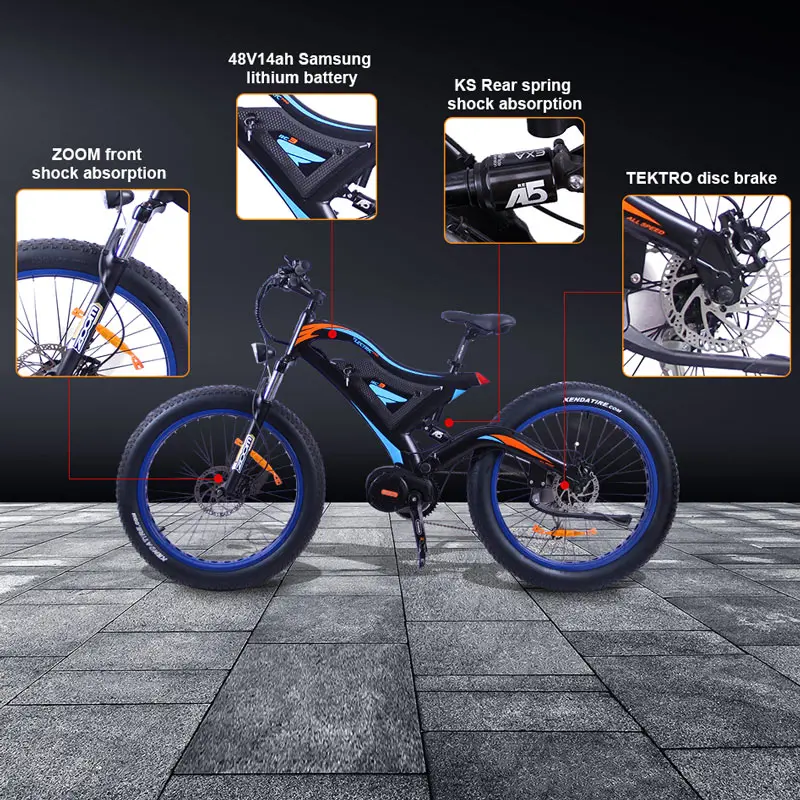 Электрический горный велосипед EZBIKE, 1000 Вт, двигатель, полная подвеска, алюминиевая складная рама, внешняя, 7 скоростей, переключатель колеса 26 дюймов