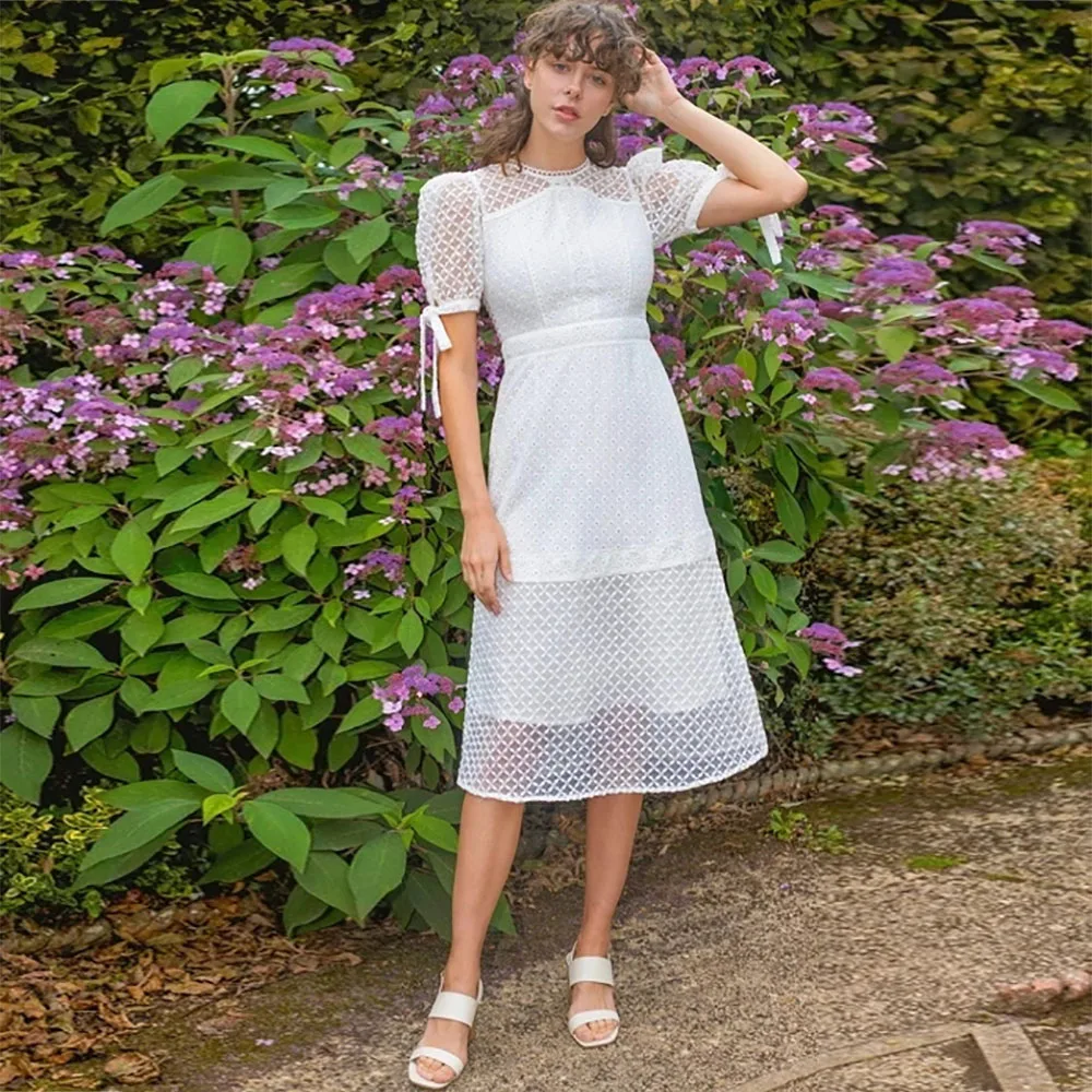 

Xijun Fairy Camellia Midi Prom Dresses Elegant Short Sleeves Evening Gowns High Neck Formal Party Dress