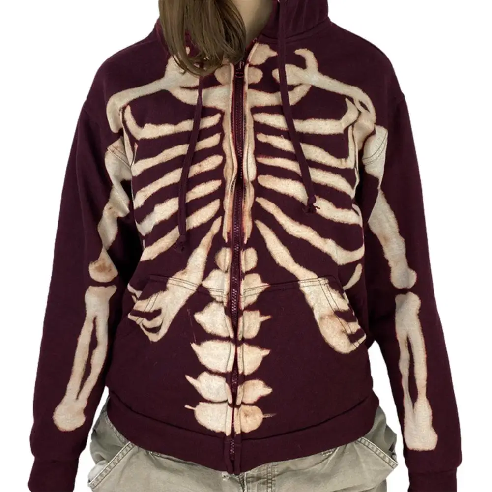 

Повседневный пуловер в стиле ретро с изображением черепа и скелета, Женская Толстовка Оверсайз с длинным рукавом, свитшот на молнии с принт...