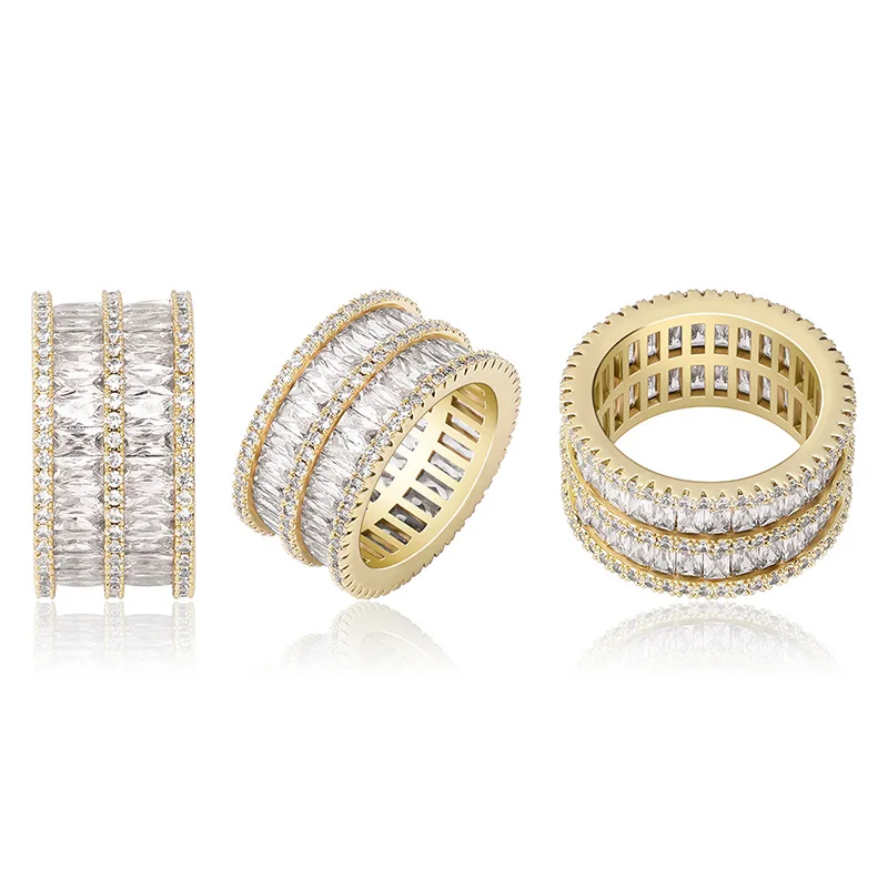 

New Hot 2 Row Zircon Men Rings High Quality Copper Iced Out Cubic Zirconia Rings Hip Hop Women Fashion Personality Jewelry Gift