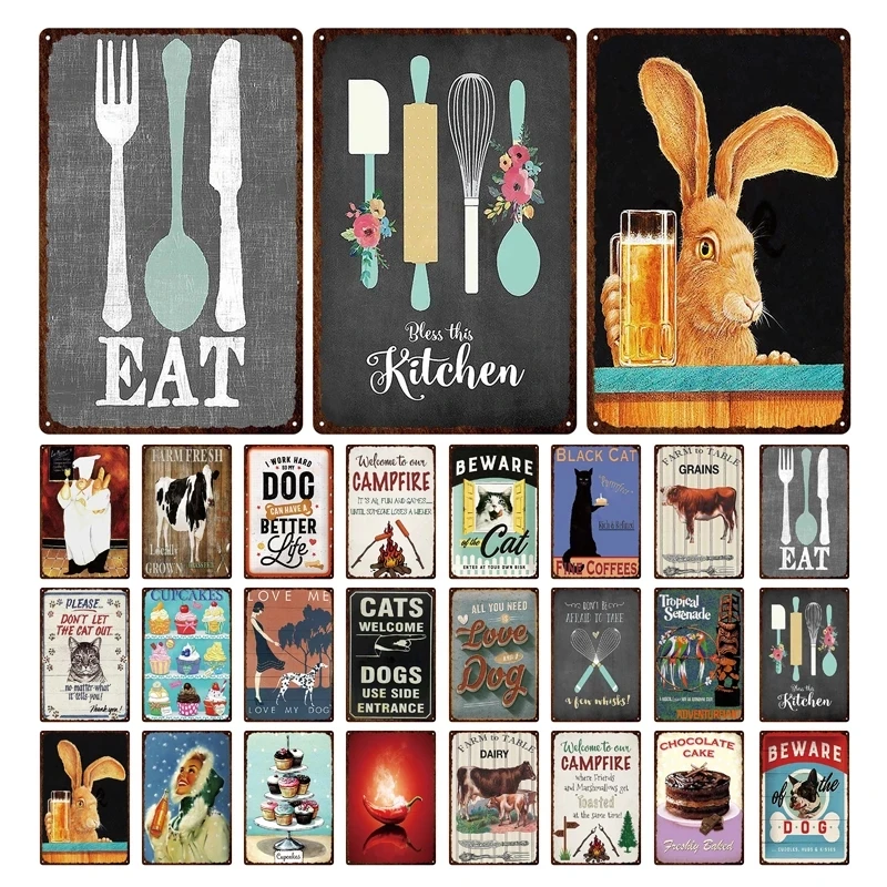 

Cat Animals Party Metal Tin Sign Food Kitchenware Retro Decorative Plaque Iron Painting Restaurant Bonfire Wall Art For Bar Pub
