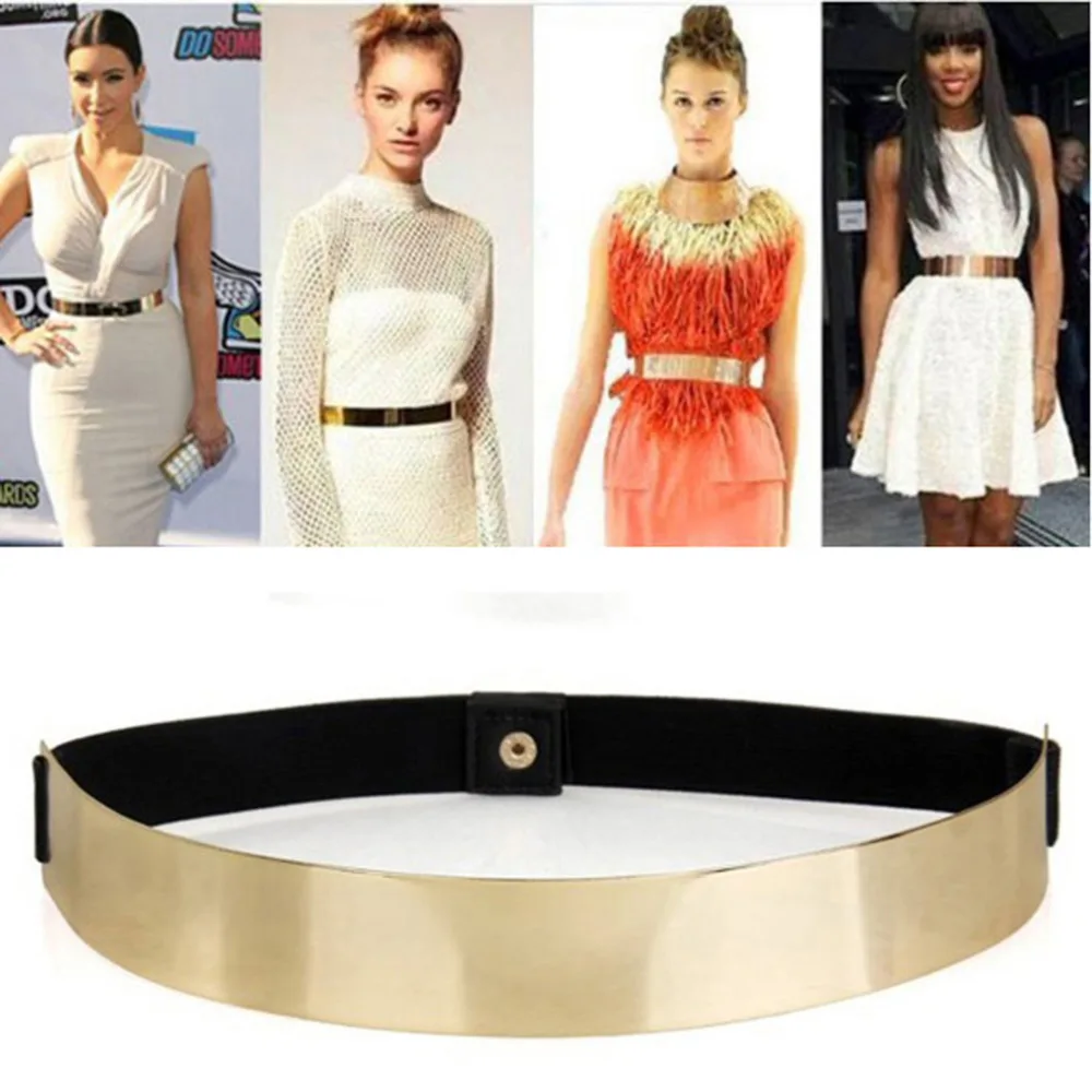 Sexy Lady Women Elastic Mirror Metal Waist Belt Metallic Bling Gold Plate Wide Band For Female Dress Accessories | Аксессуары для
