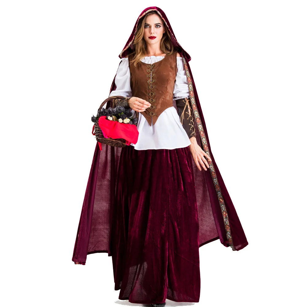 

New Halloween role-playing adult costume Gothic cape Little Red Riding Hood stage costume for drama performance.