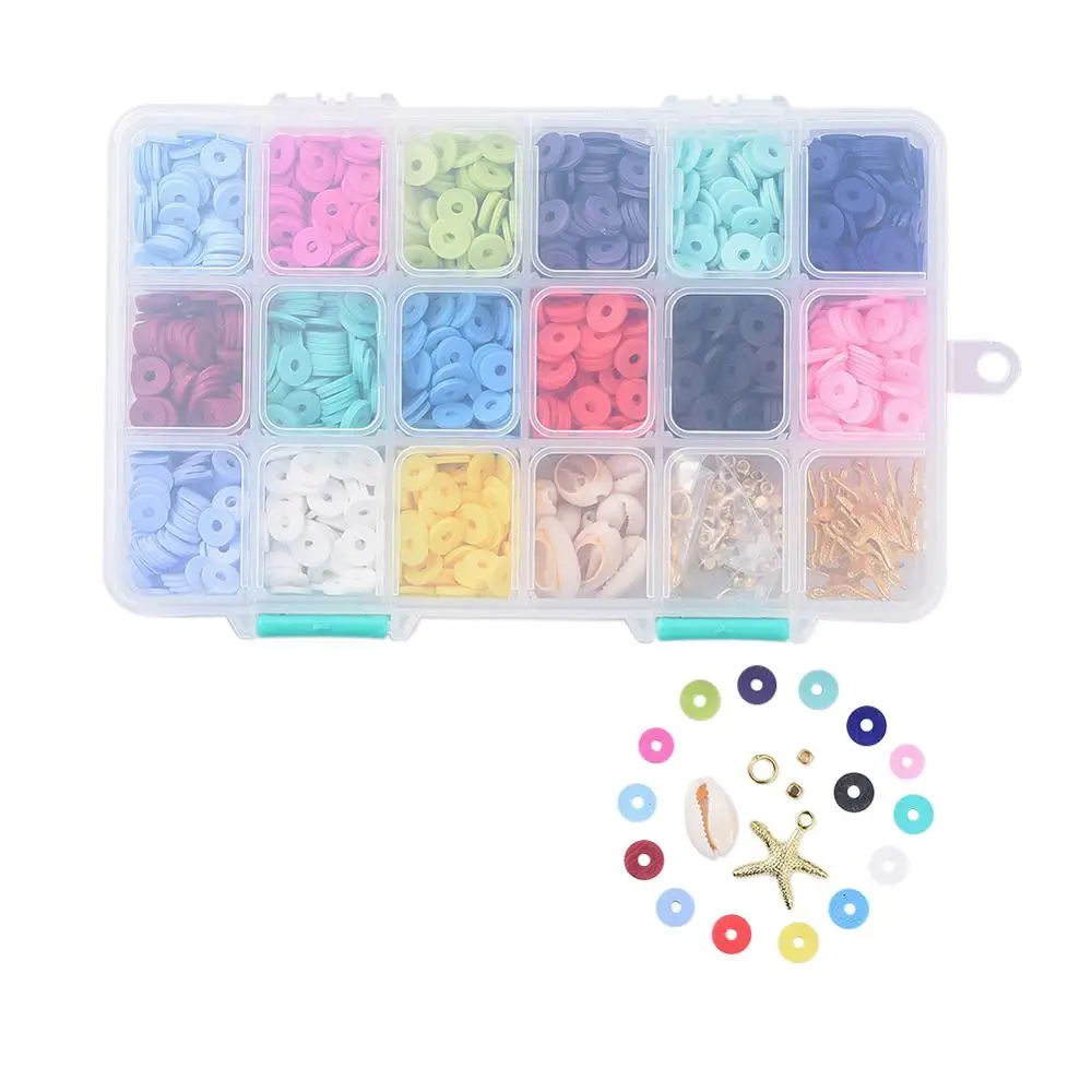 

DIY Jewelry Making Kit with 15 Colors Polymer Clay Beads Cowrie Shell Beads Bead SpacersTibetan Style Pendants Scissors Elastic