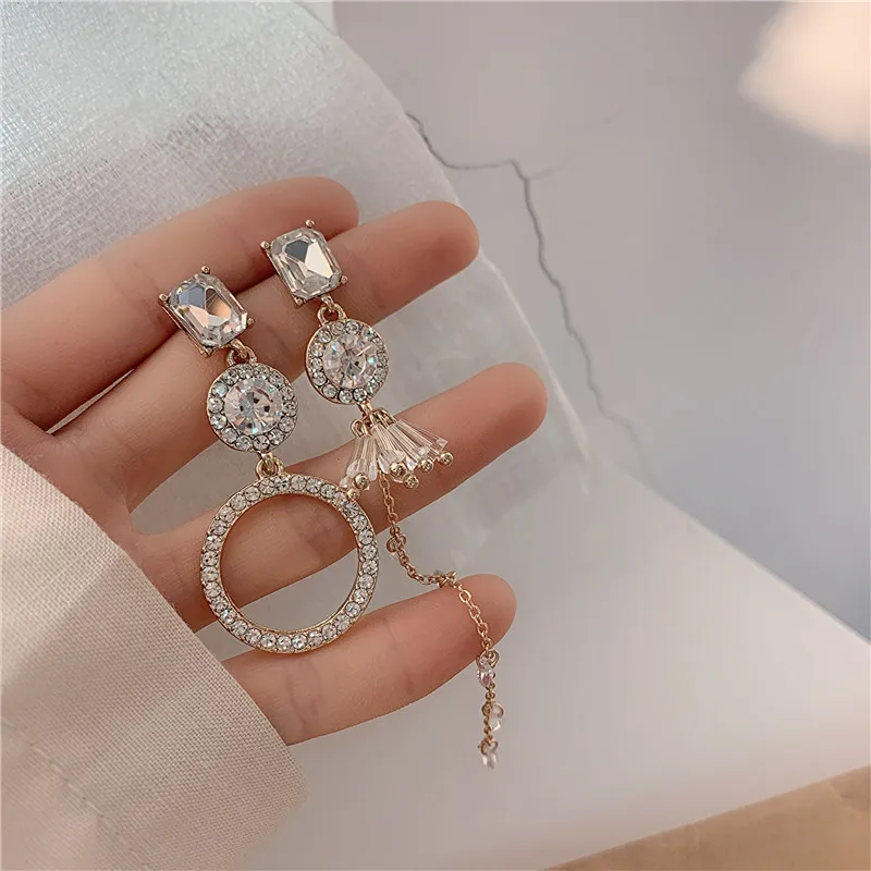 

W150 Asymmetrical Crystal Tassel Earring Stainless Steel Needle Drop Earrings Light Luxury Female Ins Long Wild Ear Jewelry