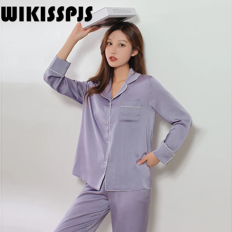 WIKISSPJS Spring and Autumn New Pajamas Women's Two Piece Ice Silk Long Sleeve Trousers Cardigan Casual Home Wear  Women Pajamas