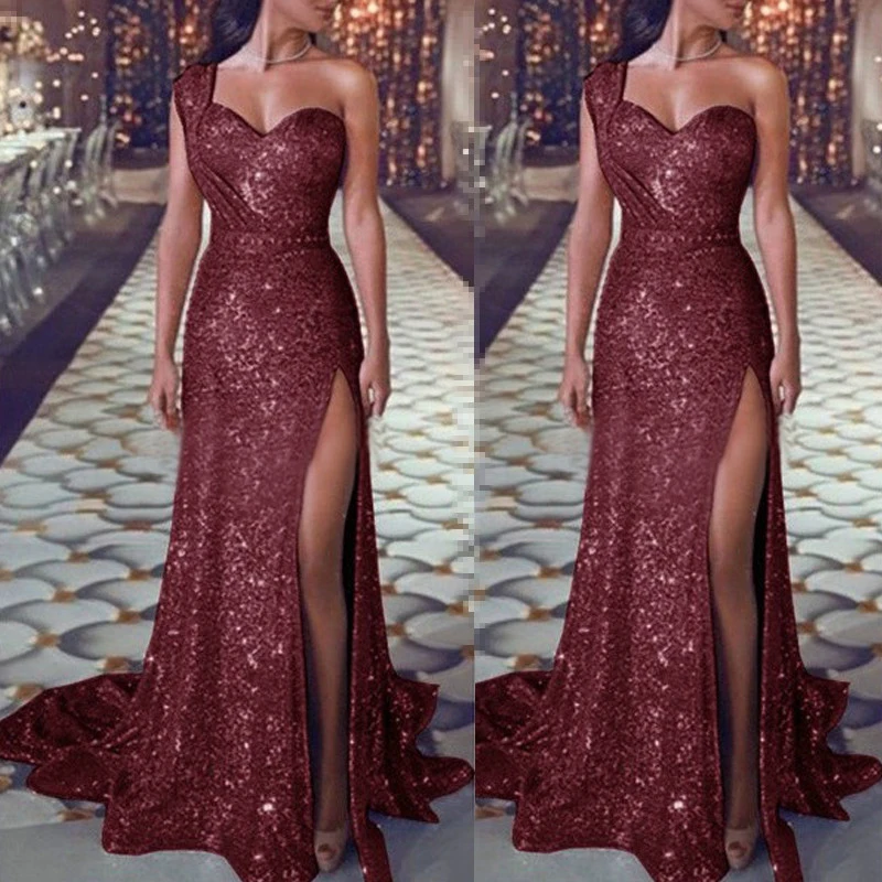 

Fashion Sleeveless Lady Sequin Party Dress Elegant One-Shoulder High Slit Long Dress Women Sexy Strapless Office Club Maxi Dress