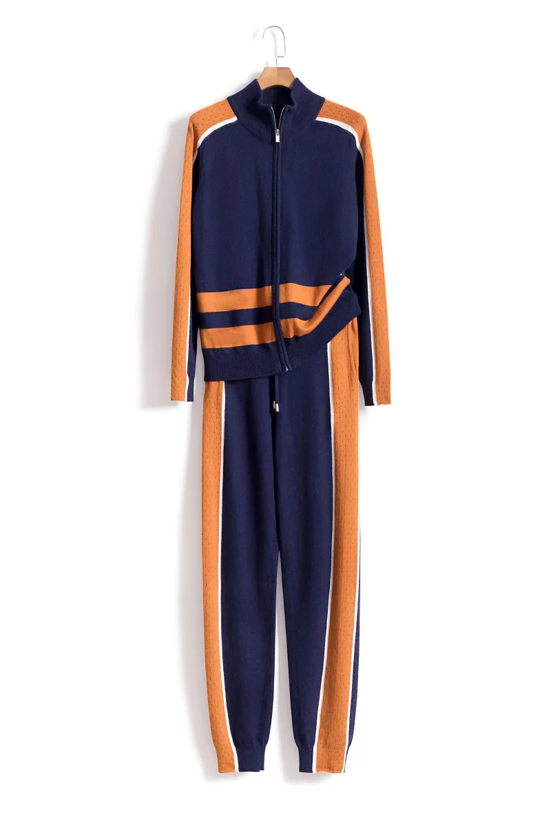

Tracksuit Real Wool Women 2020 New Fashion Knit Sweater And Feet Pants Striped Color Cashmere 2 Piece Set Turtleneck Casual