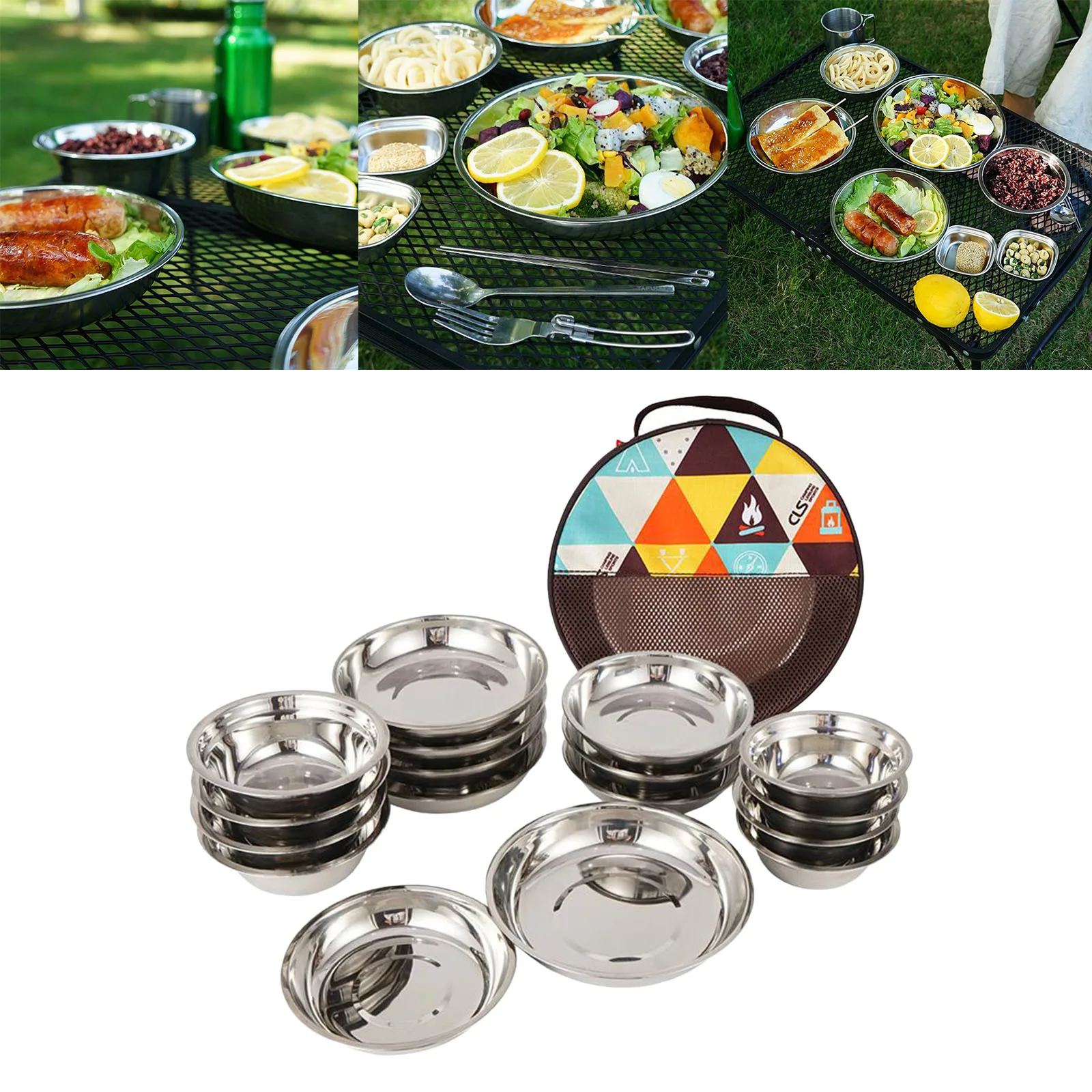 

17 Stainless Steel Camping Tableware Bowl Plate Outdoor Cutlery with Storage Bag
