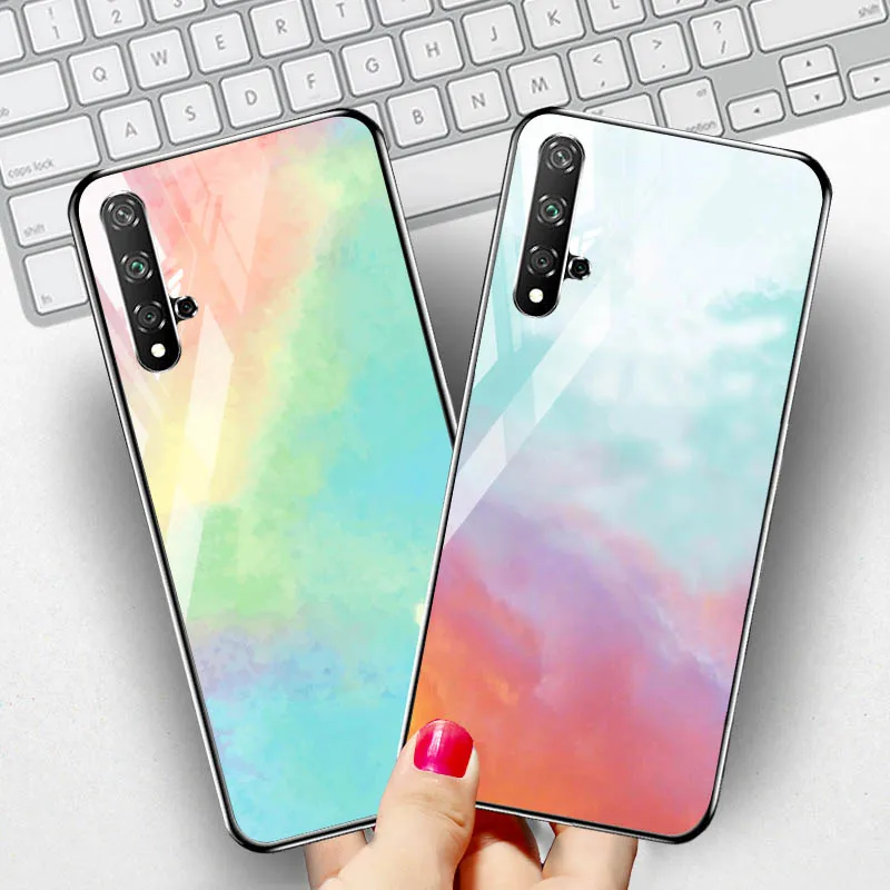Colorful Glass Case For huawei honor 20 Soft Border case PC+TPU tempered glass for Honor pro back cover |