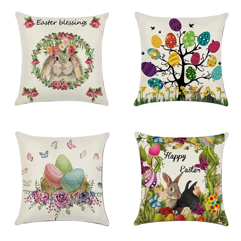 

4 PCS Bunny Easter Eggs Pillowcase Linen Pillow Cover Home Decor Square Cushion Cover Printing Pillow Case