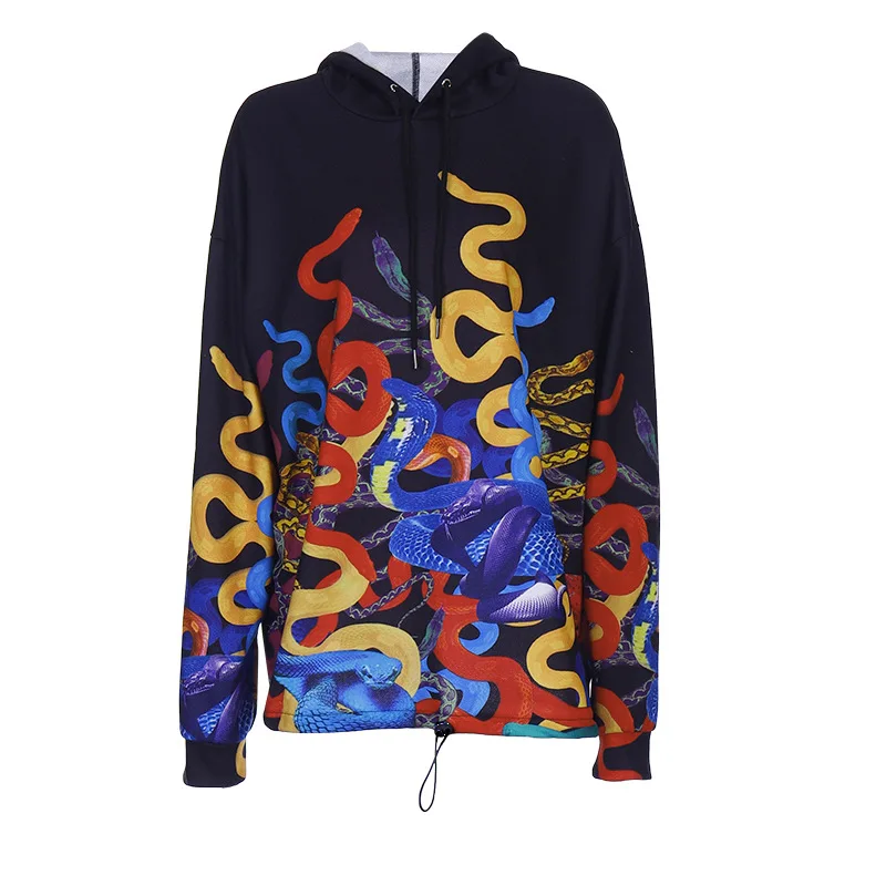 

QNPQYX Snake Print Gothic Hoodies Women Long Sleeve Oversize Hip Hop Sweatshirt Hat Streetwear Autumn Winter Kpop Female Clothes