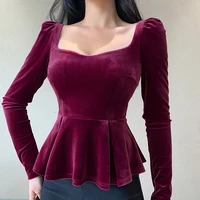 slim fit temperament top fashion square neck hem long sleeved top velvet puff sleeve tight fitting ladies t shirt sexy ladies