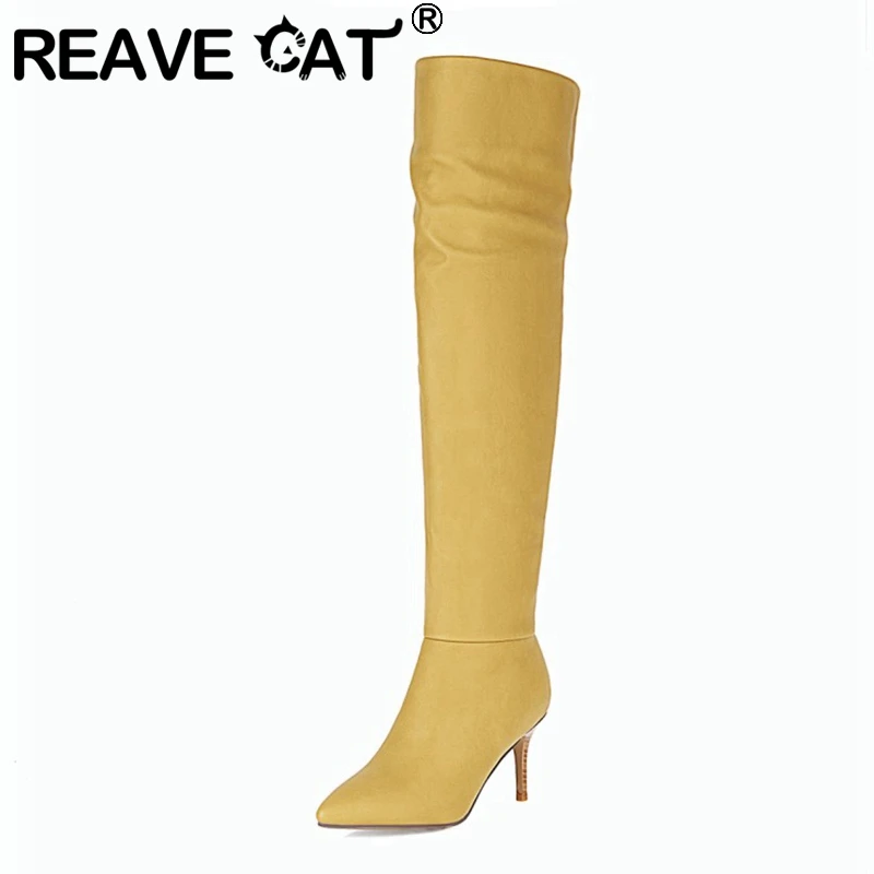 

REAVE CAT Women Over Knee Boots Pointed Toe Thin Heels 8cm Artifical Leather Short Plush Stretchy Slip-On Big Size 34-43 A3255