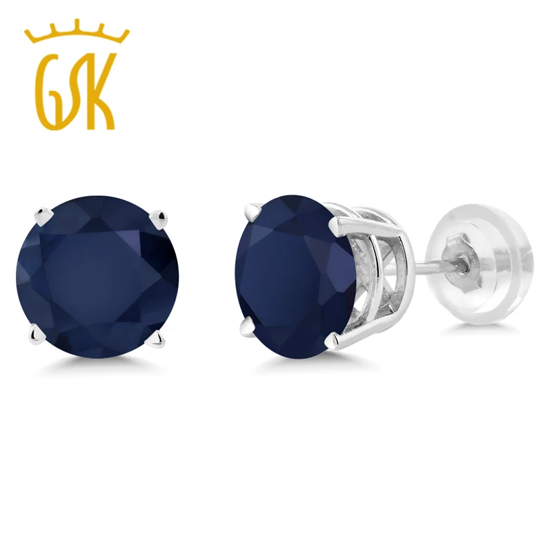 Серьги GemStoneKing из белого золота 14 к для женщин 2,00 Cttw 6 мм круглой огранки серьги-гвоздики с натуральным синим сапфиром