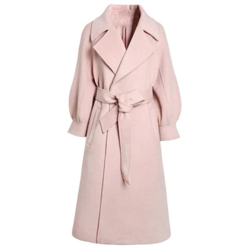 

Elegant Winter Wool Coat Women Fashion Tunic Belted Long Sleeve Woolen Jacket Female Temperament Winter Coat Casaco Plus Size