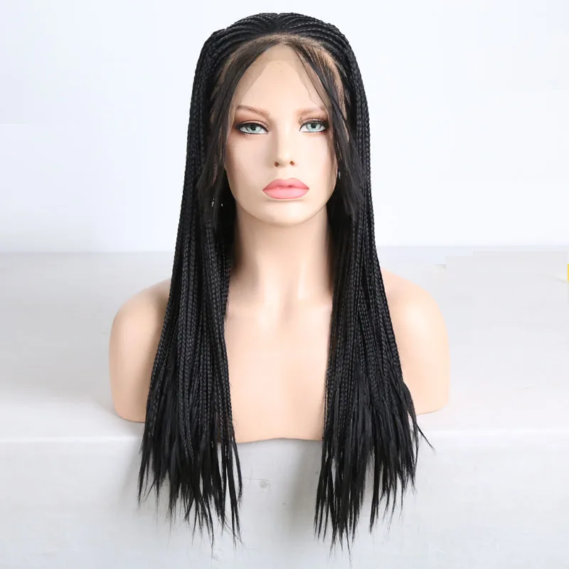 RONGDUOYI 13x6 Middle Part Braided Synthetic Lace Front Wigs for Women Black Heat Resistant Fiber Hair Braids Wig with Baby Hair
