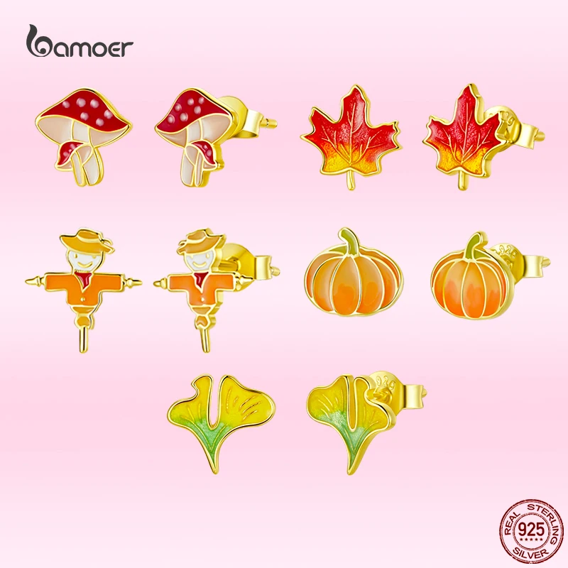 

Bamoer Pop Golden Autumn Series Plated Gold Earrings For Women 925 Sterling Silver Scarecrow Mushroom Pumpkin Ear Studs Jewelry
