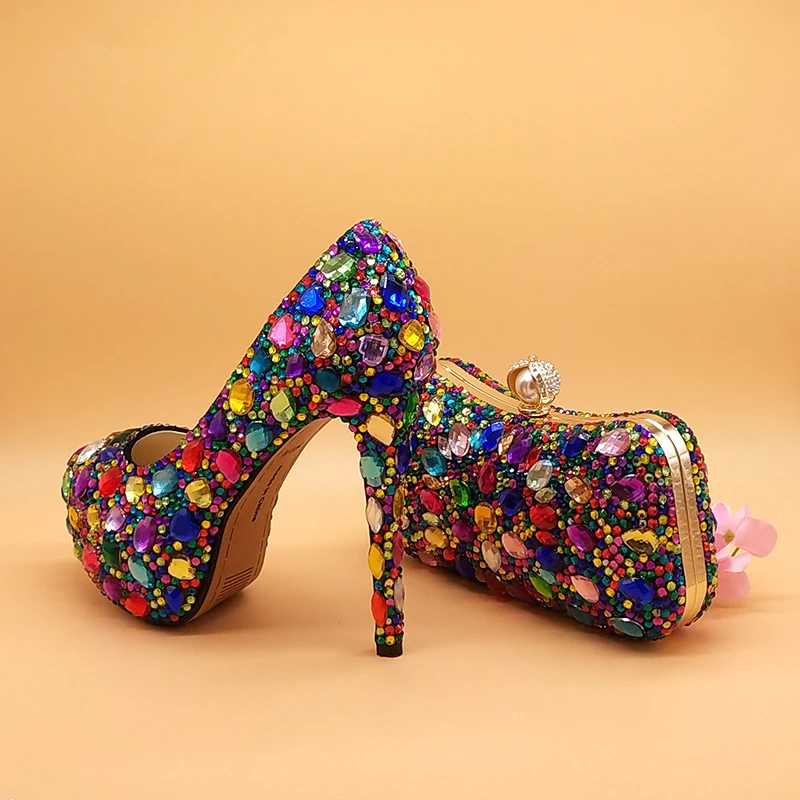 14cm shoe with bag Женские свадебные туфли с сумочкой в комплекте; Разноцветные туфли на платформе и высоком каблуке со стразами; женские вечерние модельные туфли; женские туфли-лодочки - Цвет: 14cm shoe with bag