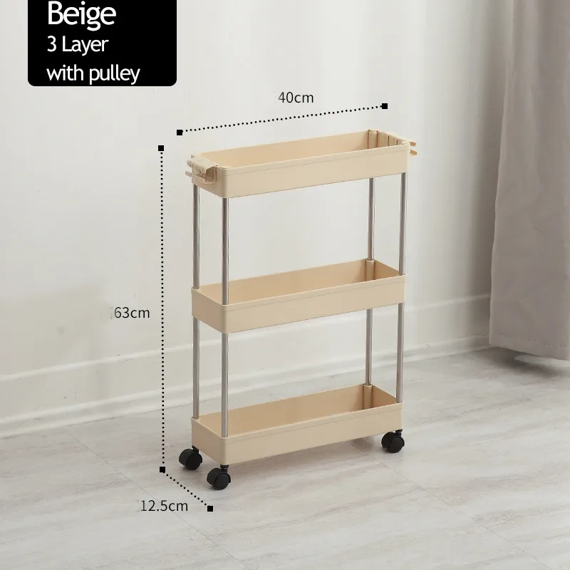 Beige-3 Layer 2/3/4 Слои Gap стеллаж для хранения Кухня тонкий слайд башня подвижные собрать Пластик Ванная комната полка колеса Экономия пространства Организатор - Цвет: Beige-3 Layer
