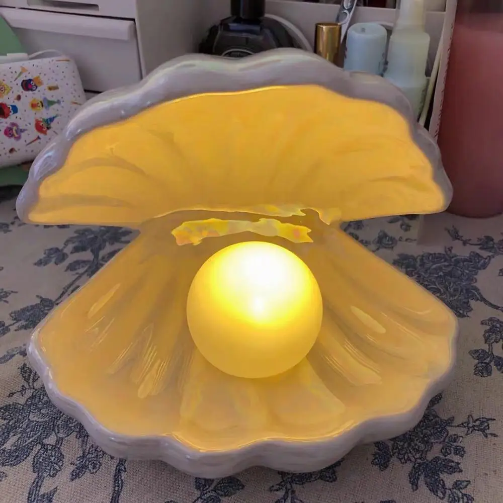 

Hot Ceramic Shell Pearl Night Light Fantasy Mermaid Fairy Bedroom Bedside Lamp Storage Lighting Home Decor Birthday Gift deliver