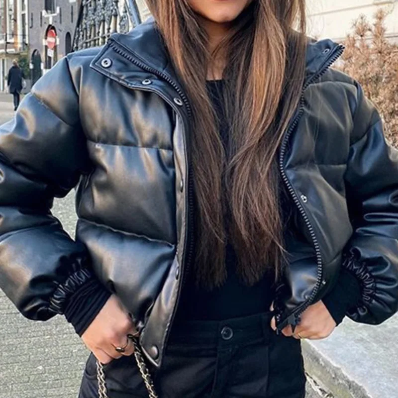 

Ailegogo Winter Thick Warm Short Parkas Women Fashion Black PU Leather Coats Ladies Elegant Zipper Cotton Jackets Female Ouwear