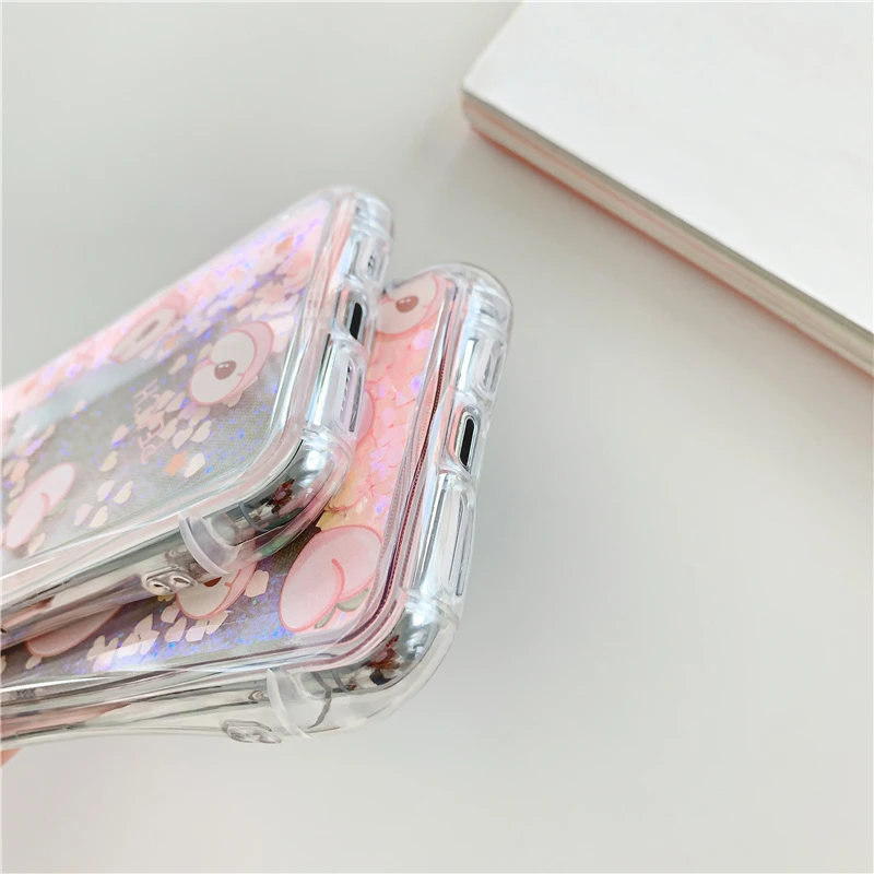 

Luxury Cute Peach Liquid Quicksand Phone Case For iPhone 11Pro Max SE XS MAX XR 7 8Plus Fruit Pattern Dynamic Glitter Soft Cover
