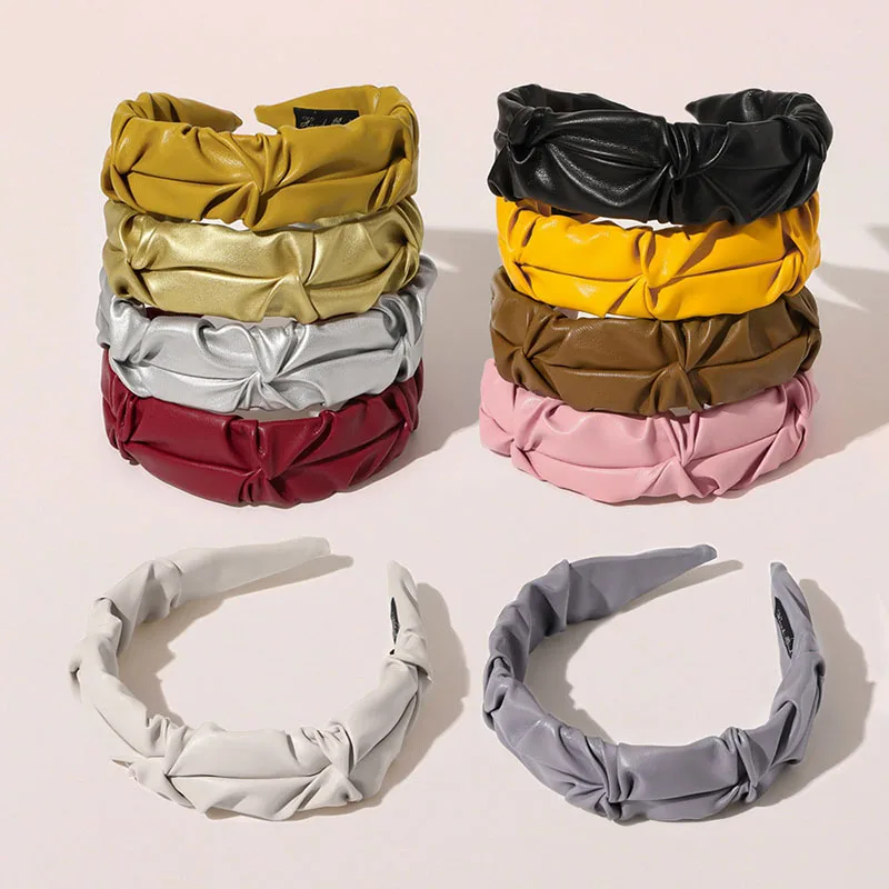 

PU Leather Headbands Wide Head Hoop Women Pleated Artificial Leather Ruched Hair Hoop Fashion Hair Accessories Solid Color