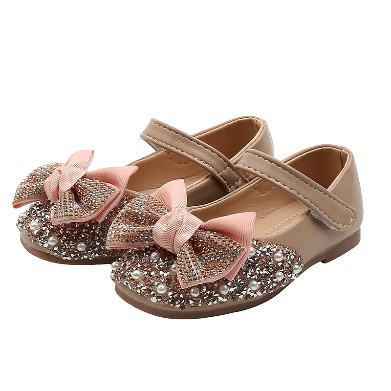 

SKHEK Girls Leather Shoes Cute Bowtie Rhinestone Baby Girl Princess Shoes Soft Bottom Kids Shoes for Girl Sneakers Size 21-30