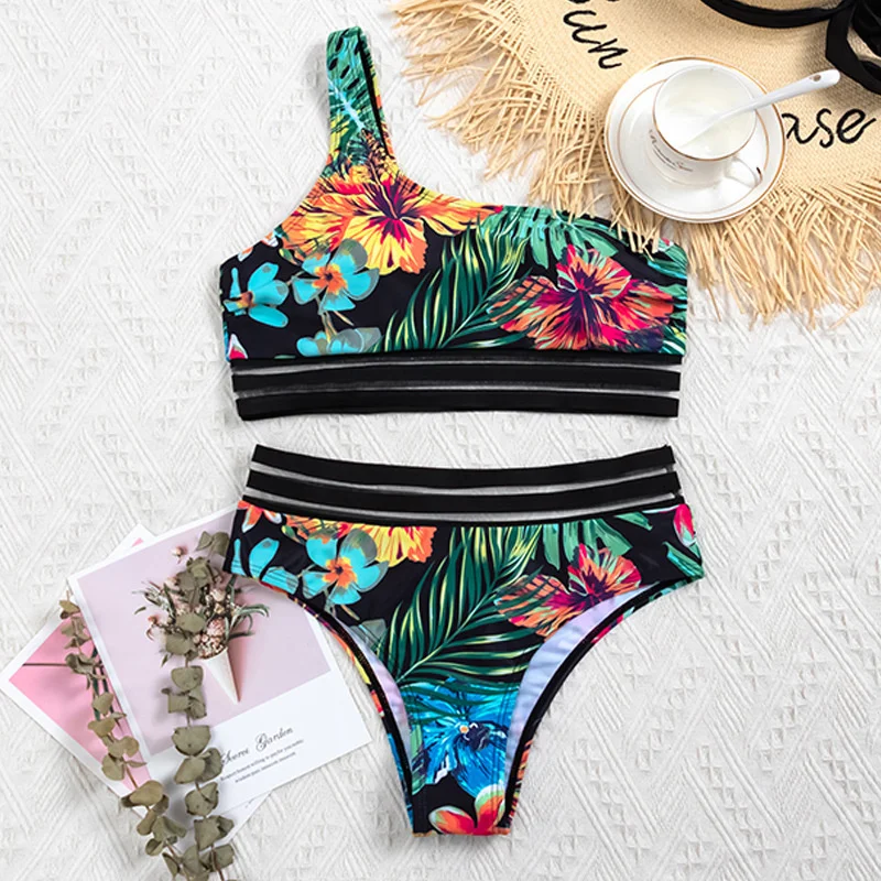 

2021 New Tropical Print Bikinis Set One Shoulder Swimsuit Sexy Beach Swimwear High Waist Push Up Bathing Suit Women