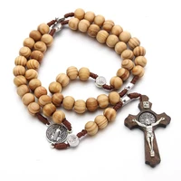 9 types religious handmade natural pine wood round rosary beads prayer cross necklace jewelry gift unisex fashion