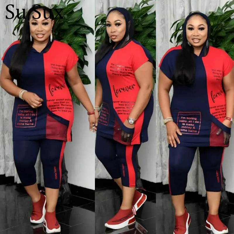 

Letter Print Plus Size Sets 2Piece Sets Womens Outfits Clothing Casual Short Sleeve Hooded Mesh Patchwork Top and Pants Suit