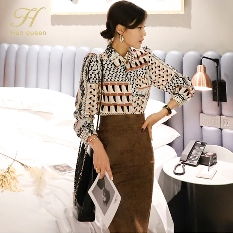 

Женская офисная одежда H Han Queen, комплект из 2 предметов, винтажный укороченный топ с принтом и облегающая юбка-карандаш, корейский Повседневн...